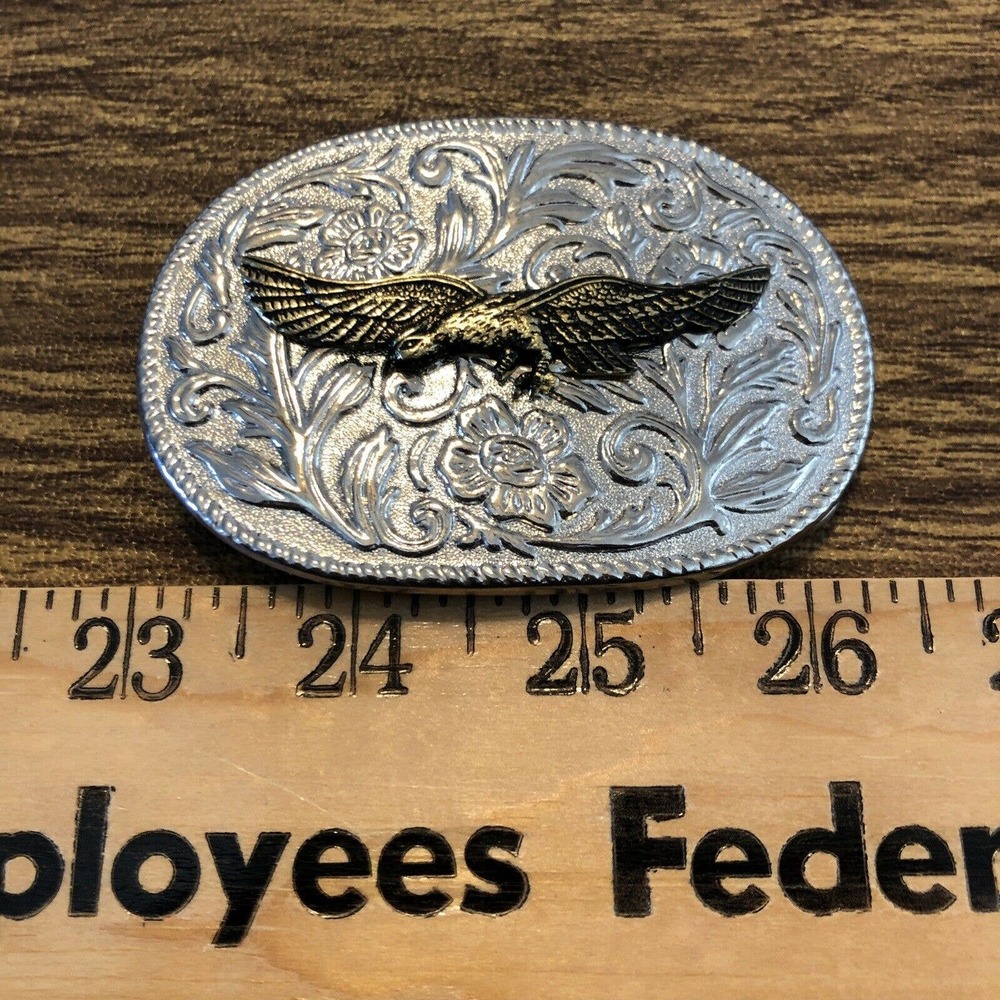 Silver and Gold Oval Scroll Work Eagle Belt Buckle - Picture 8 of 10